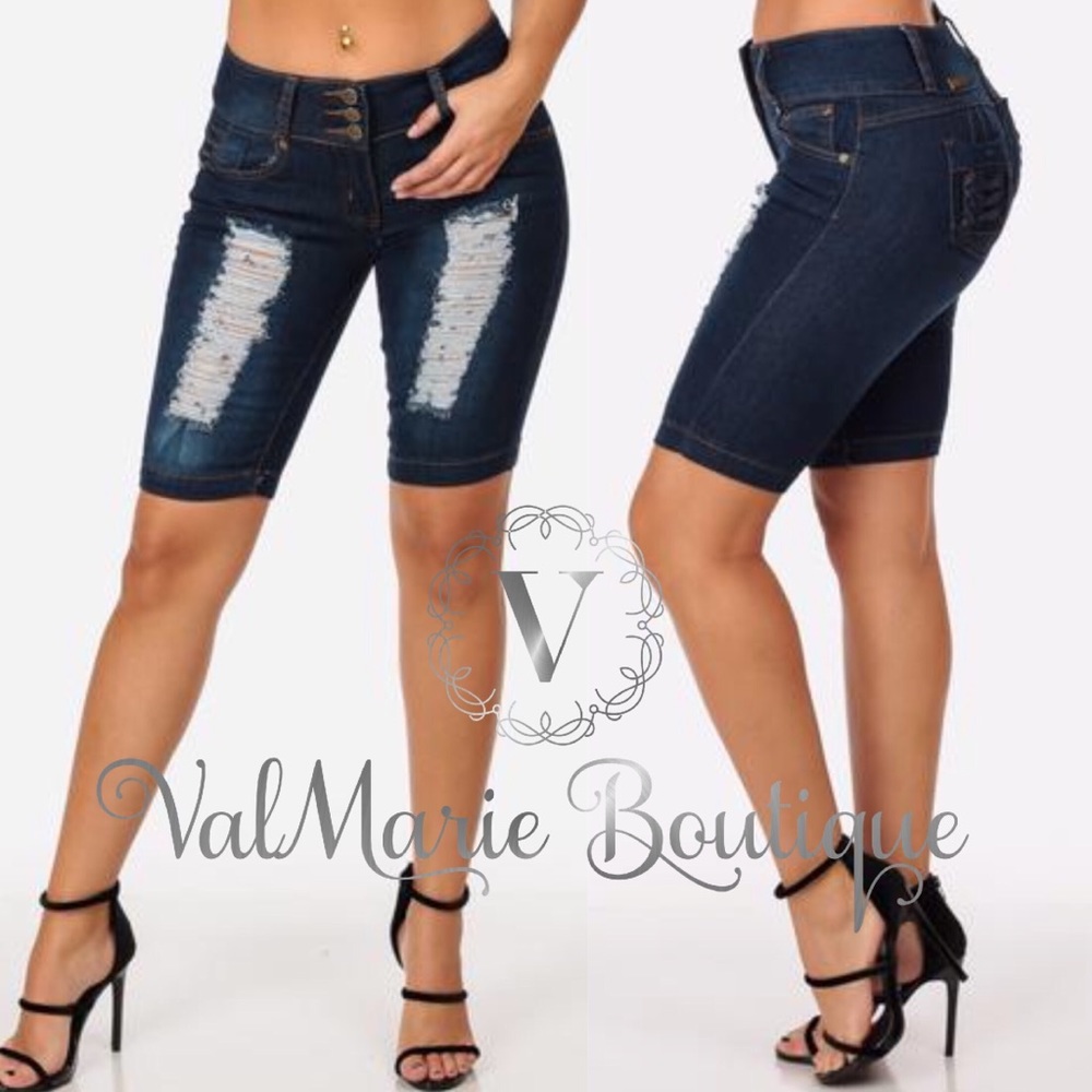 HIGH BOOTY distressed dark wash Bermuda shorts